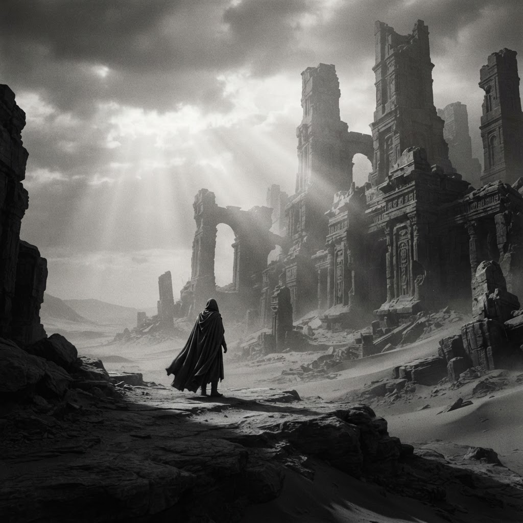 Prima Lux — a lone figure before the ruins of a forgotten civilization